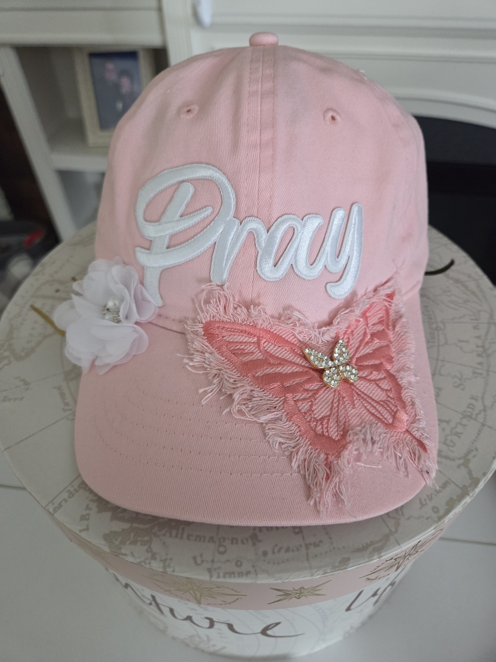 Womans Pink 'Pray' Embroidered Baseball Cap with Butterfly Accent